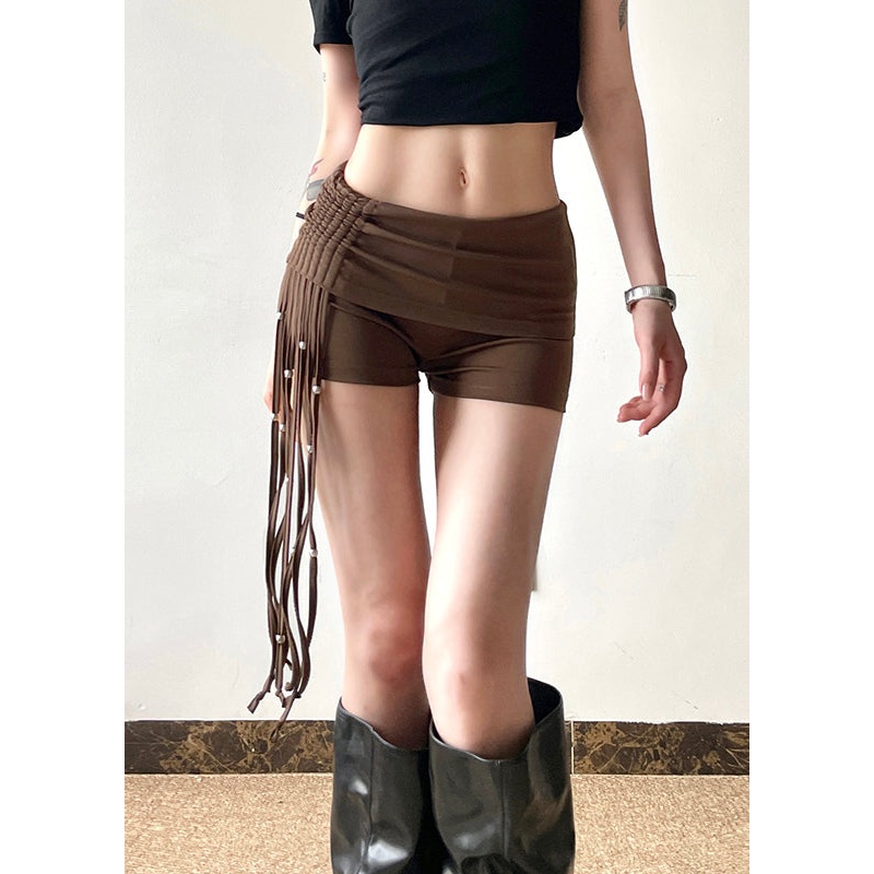 Summer Hot Brown Tassel Fashion Pants Wrinkled
