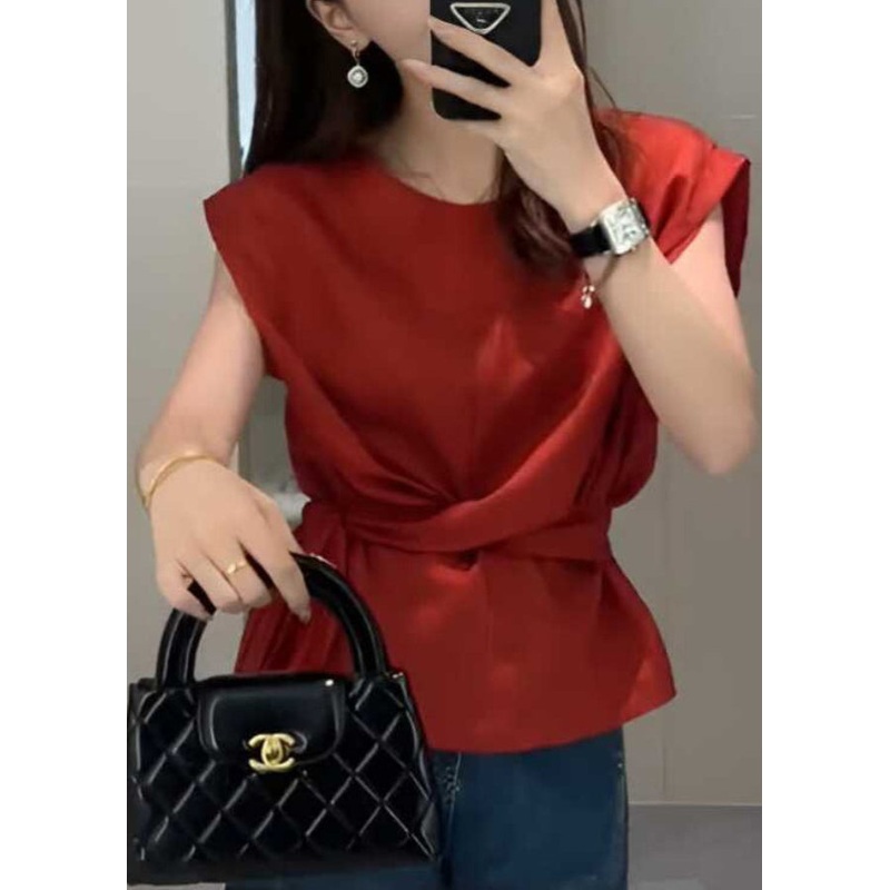 Top French Tie Red Sleeveless Solid Waist