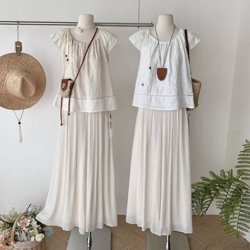 Top Short-Sleeve High A-Line Skirt Plain Set: Rise + Maxi