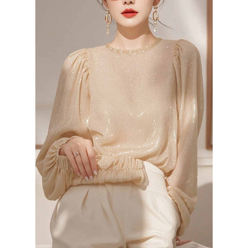 Tops Sequins Spring Shirt Neck O Apricot French