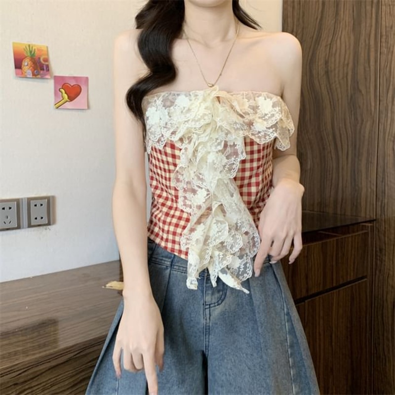 Tube Panel Gingham Crop Lace Top