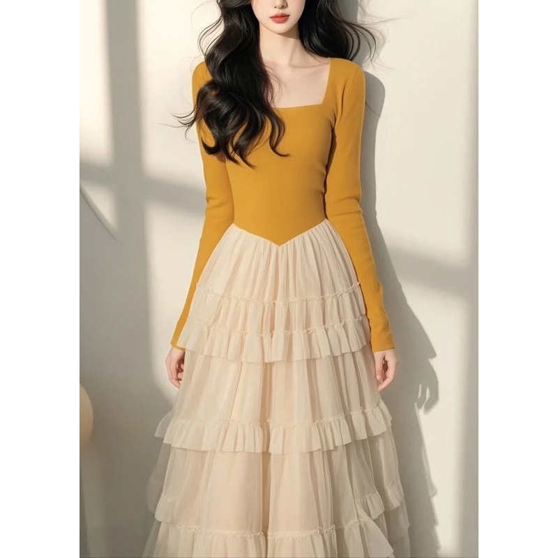Tulle Long Patchwork Yellow Italian Square Collar Dress Spring