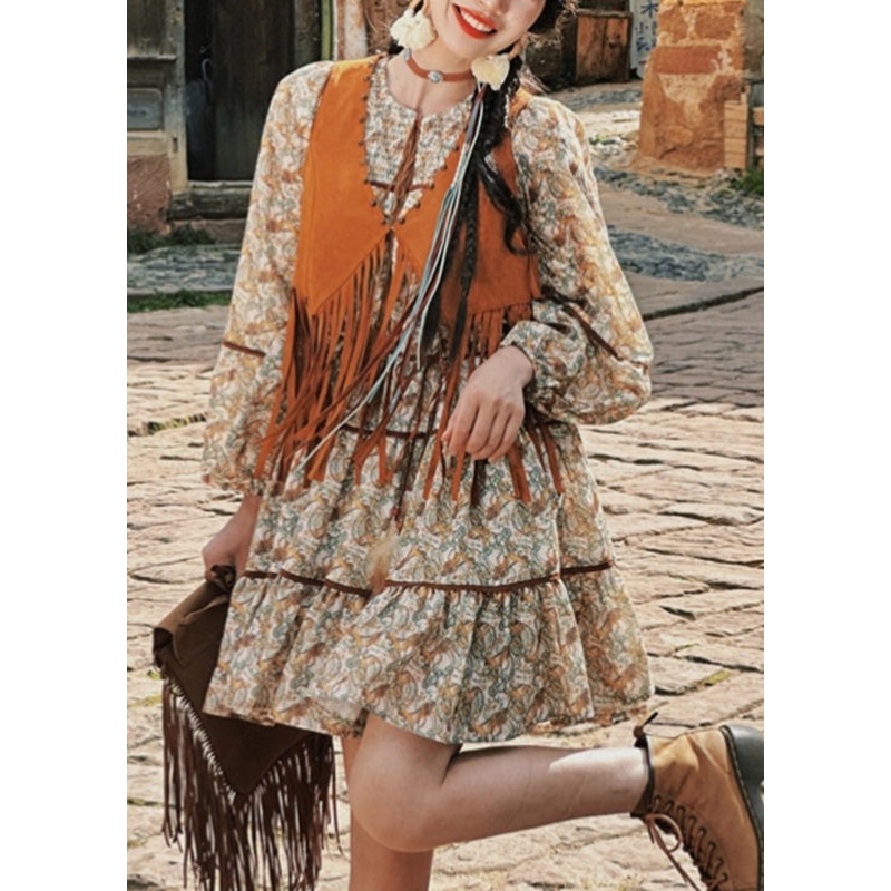 Two Patchwork Set And Retro Pieces Dress Waistcoat Long Tassel