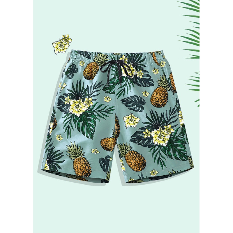 Waist Shorts Beach Pockets Summer Men Cotton Print Elastic