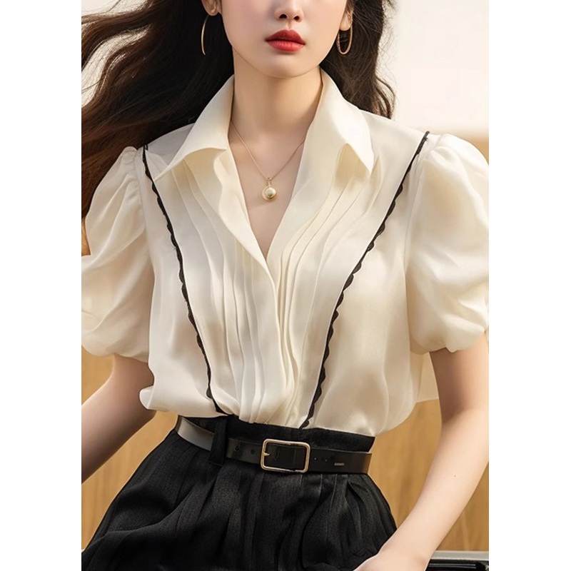 White Silk Peter Tops Summer French Patchwork Pan Collar Wrinkled