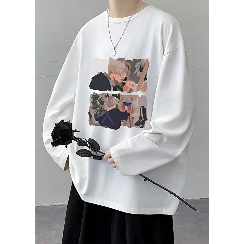 White Stylish Mens Spring Cotton O T Shirts Neck Print