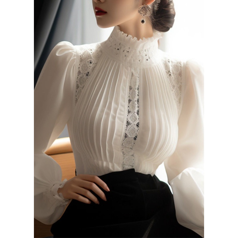 Wrinkled Puff Top Cotton Lace White Patchwork Sleeve French