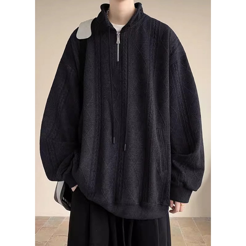 Zip Solid Spring Mens Cotton Simple Up Pockets Black Sweatshirt