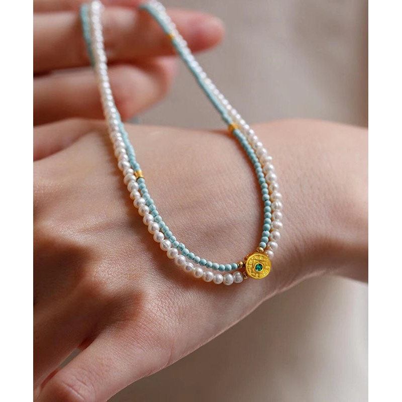Alloy Beading Handmade Double-Layer Colorblock Pendant Pearl