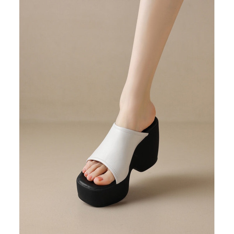 Beige New Sandals Heels Peep High Toe Wedge Slide
