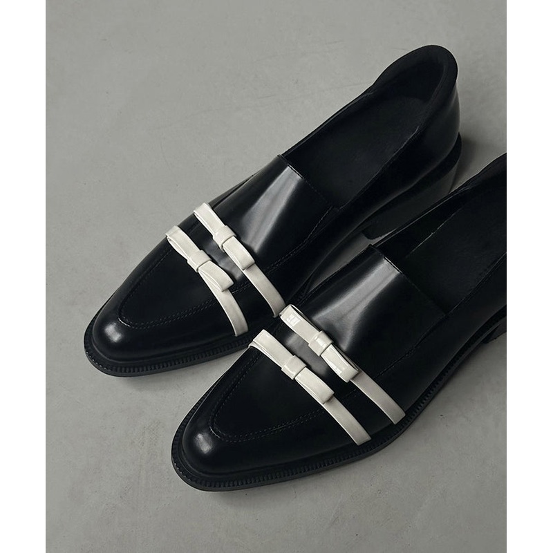 Bow Pointed Fitted Black Chunky Cowhide Leather Splicing Toe