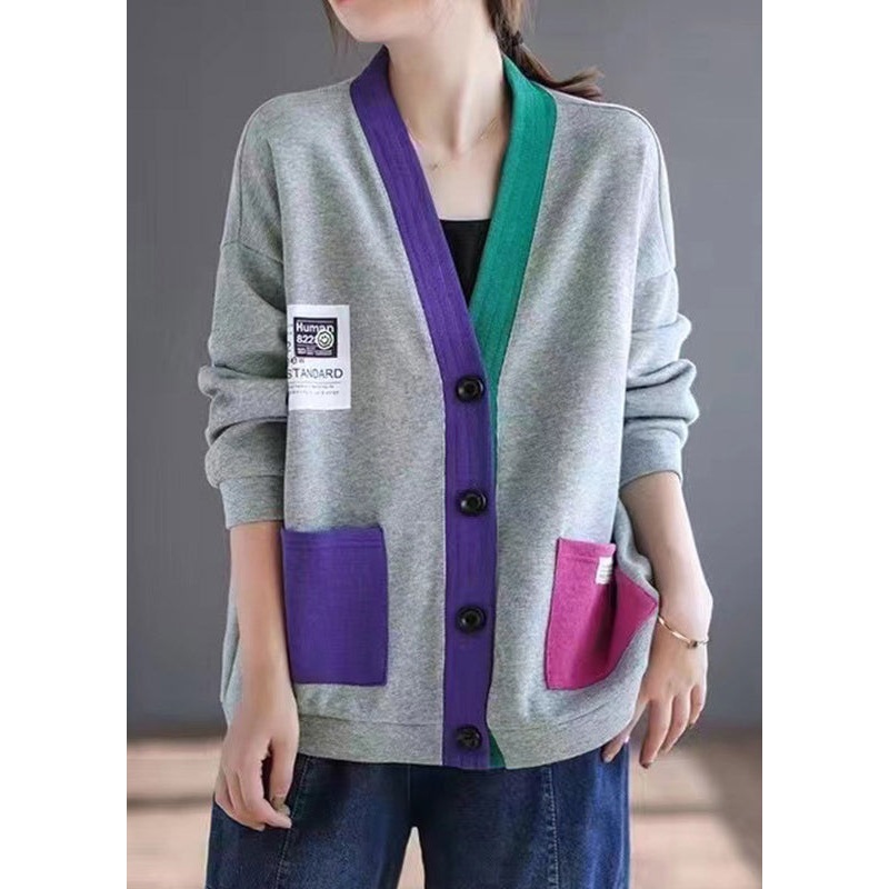 Cardigans V Grey Spring Patchwork Neck Cotton Pockets Loose
