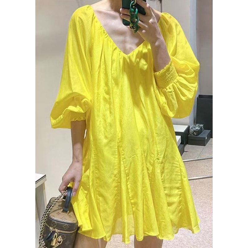 Cotton Dress New Lace Neck V Spring Yellow Solid Up Mini