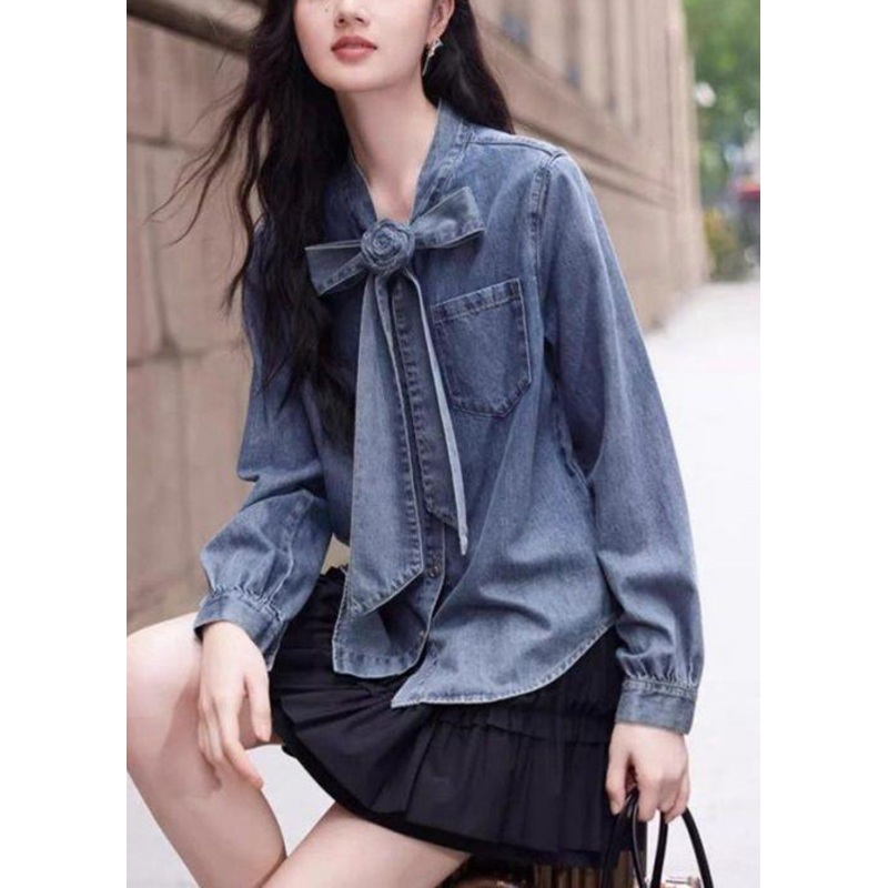 Denim Button Spring Stylish Bow Blue Pockets Shirt