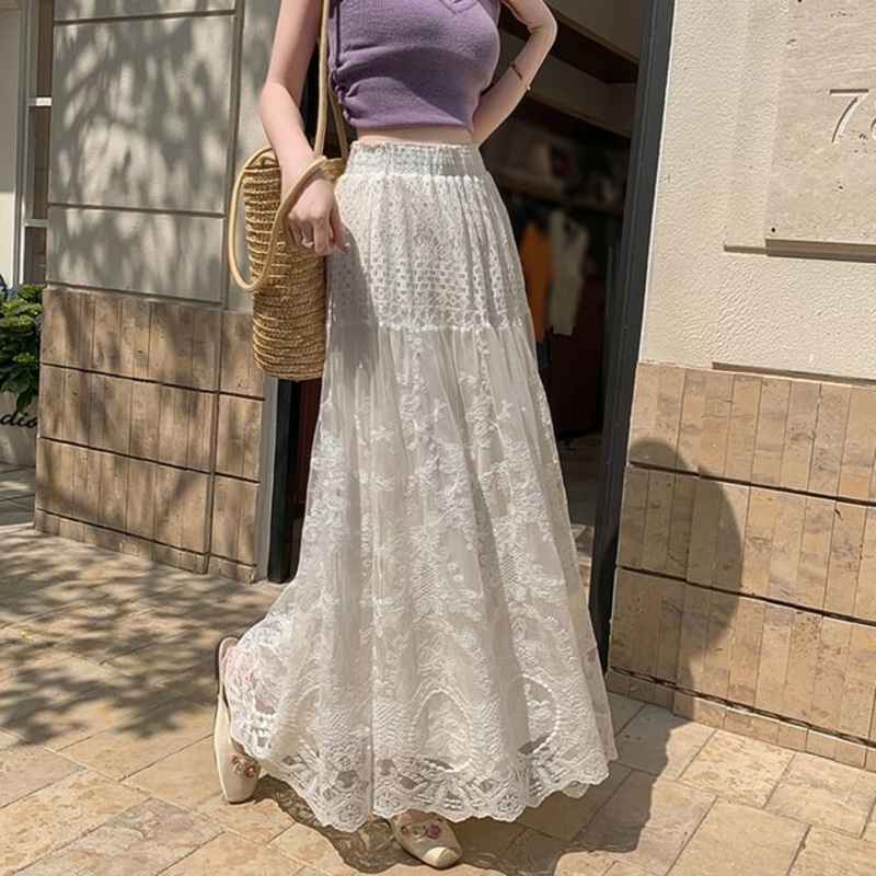 High Skirt Lace Waist Maxi A-Line