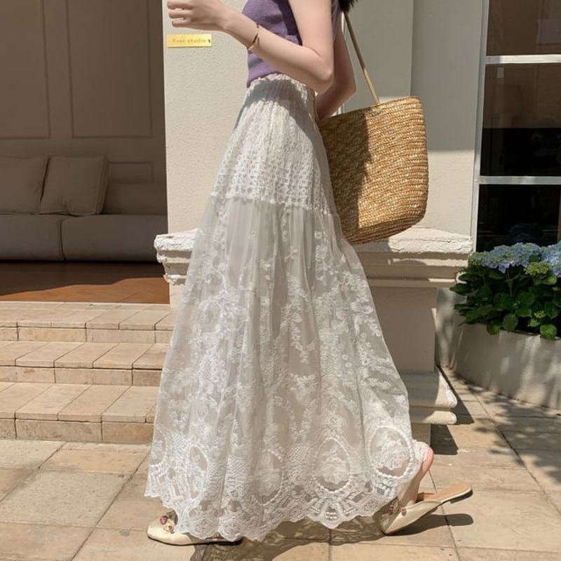 Lace Skirt Maxi High Waist A-Line