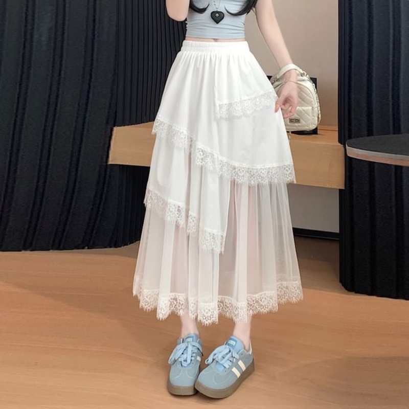 Midi High Waist Panel Lace Asymmetrical A-Line Mesh Skirt Trim