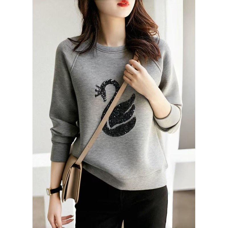 Neck Sequins O Sweatshirt Cotton Grey Spring Women