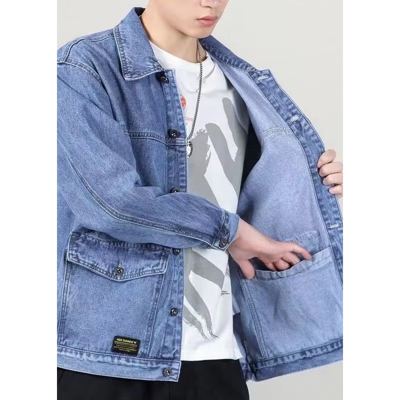 Peter Blue Loose Denim Collar Pan Pockets Coats Mens Spring
