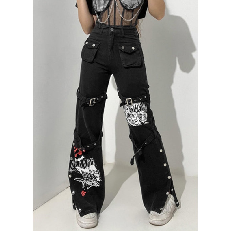 Print Unique Pockets Pants Summer Button Denim Black