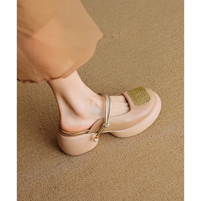 Slide Apricot Sandals Heel Chunky Splicing New Leather Faux