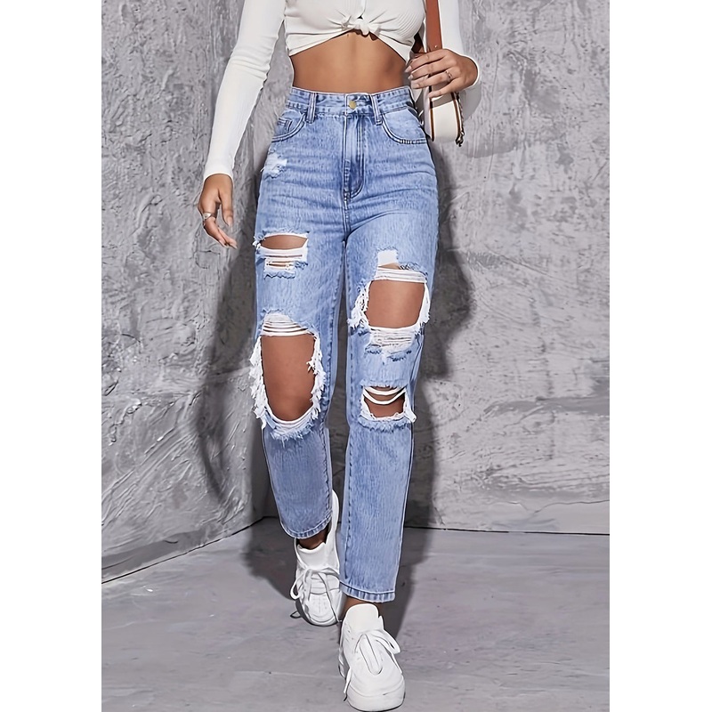 Summer Waist High Chic Blue Pockets Denim Pants Crop Hole