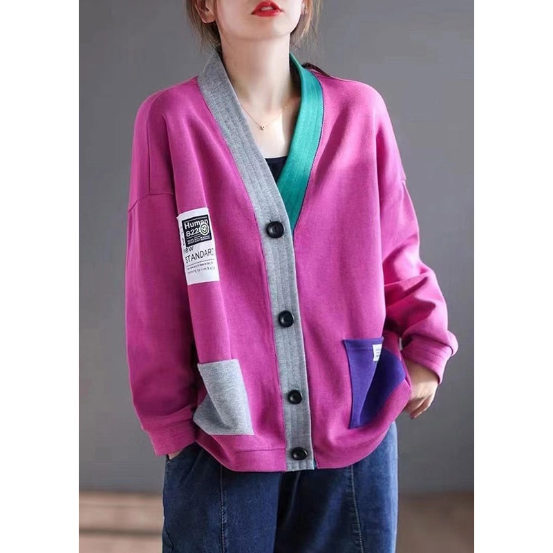 V Rose Neck Button New Spring Patchwork Cardigan Cotton