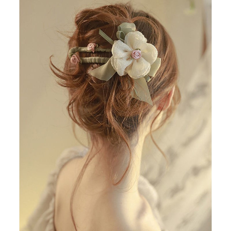 Vintage Green Tulle Light Hairpin Asymmetrical Floral Plastic