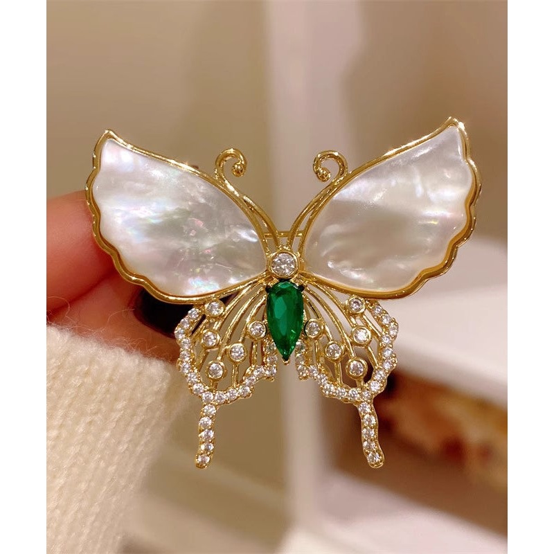 Zircon Overgild Brooches Inlaid Shell Copper Style Gold Butterfly