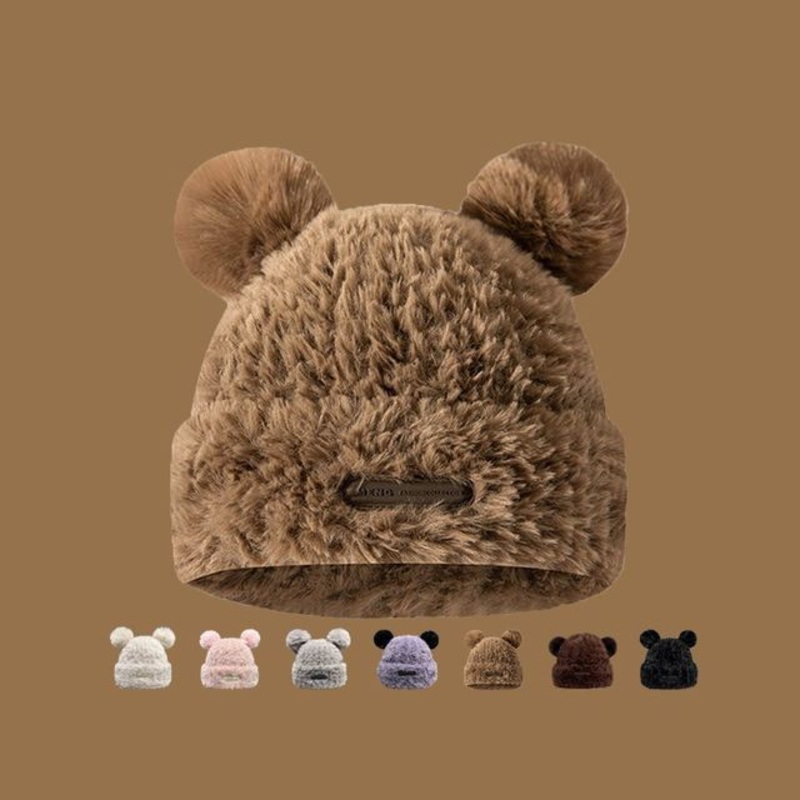 Beanie Fur Faux Ear|Black|Coffee|Gray|Khaki|Pink|White|One Size