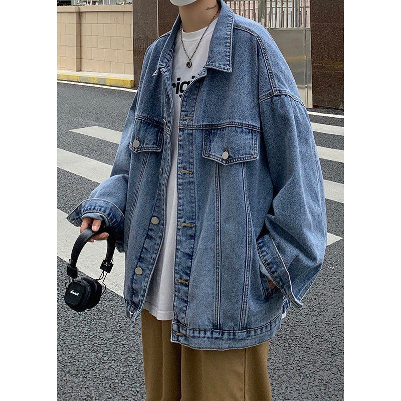 Blue Men Button Collar Peter Denim Pan Spring Pockets Coat New
