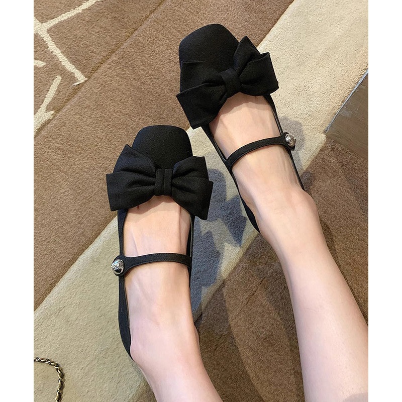 Buckle Black Shoes Cotton Bow Fabric Strap Splicing Flat