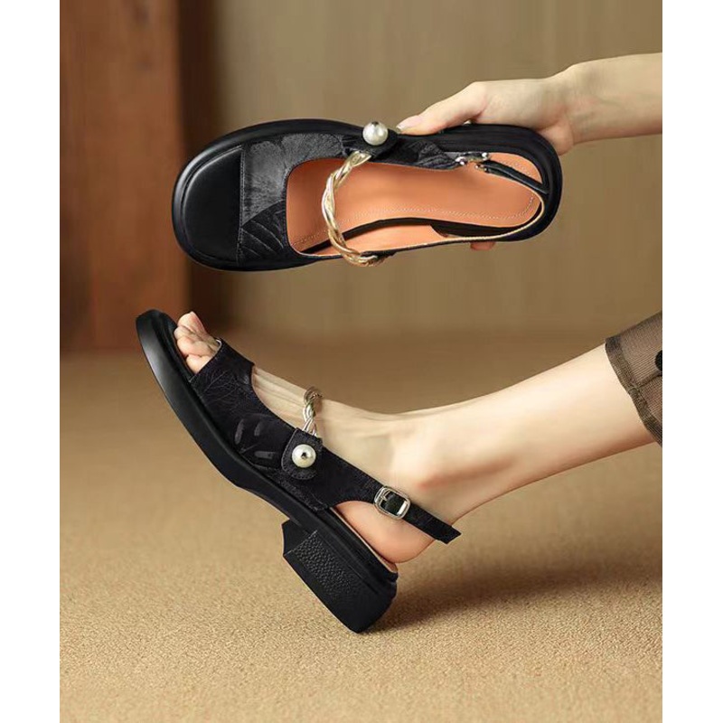Chunky Toe Strap Buckle Black Comfy Splicing Peep Sandals