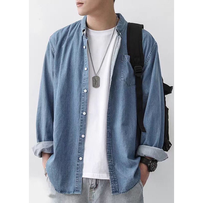 Collar Pan Peter Men Spring Denim Button Shirts Dark Blue Simple