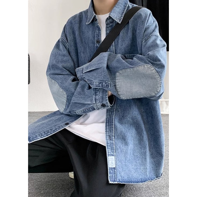 Collar Pan Shirts Pockets Simple Patchwork Peter Blue Denim Mens