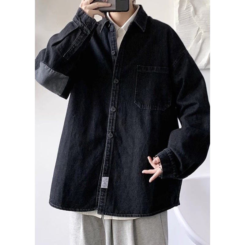 Denim Button Pan Shirts Peter Black Spring Loose Collar Men