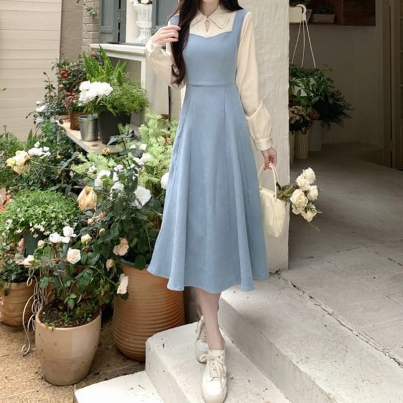 Dress A-Line Midi Two Mock Two-Piece Long-Sleeve Tone