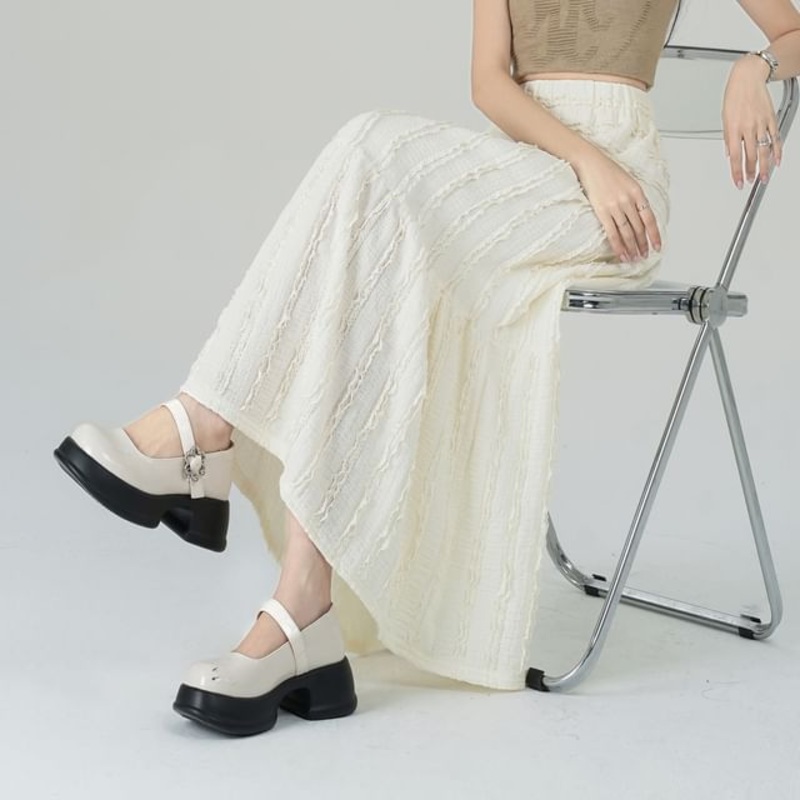 Elastic A-Line Tiered Waist Plain Midi Skirt