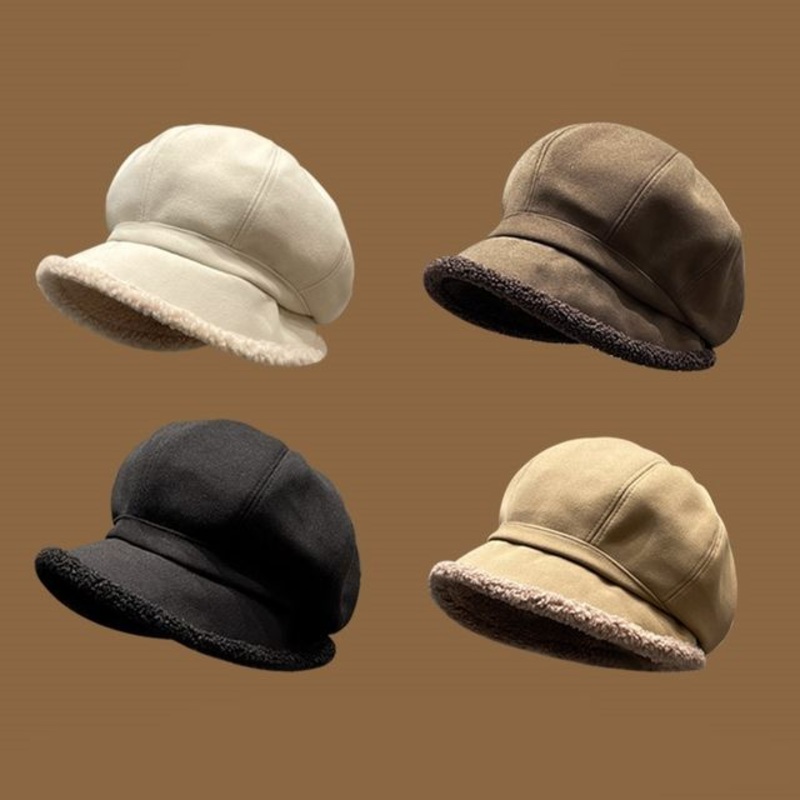 Faux Trim Beret Shearling|Beige|Black|Coffee|Khaki|One Size