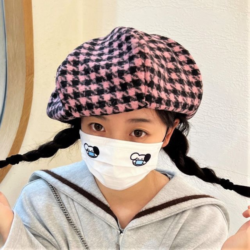 Panel Beret Houndstooth|Black|Caramel|Dark Blue|Pink|M