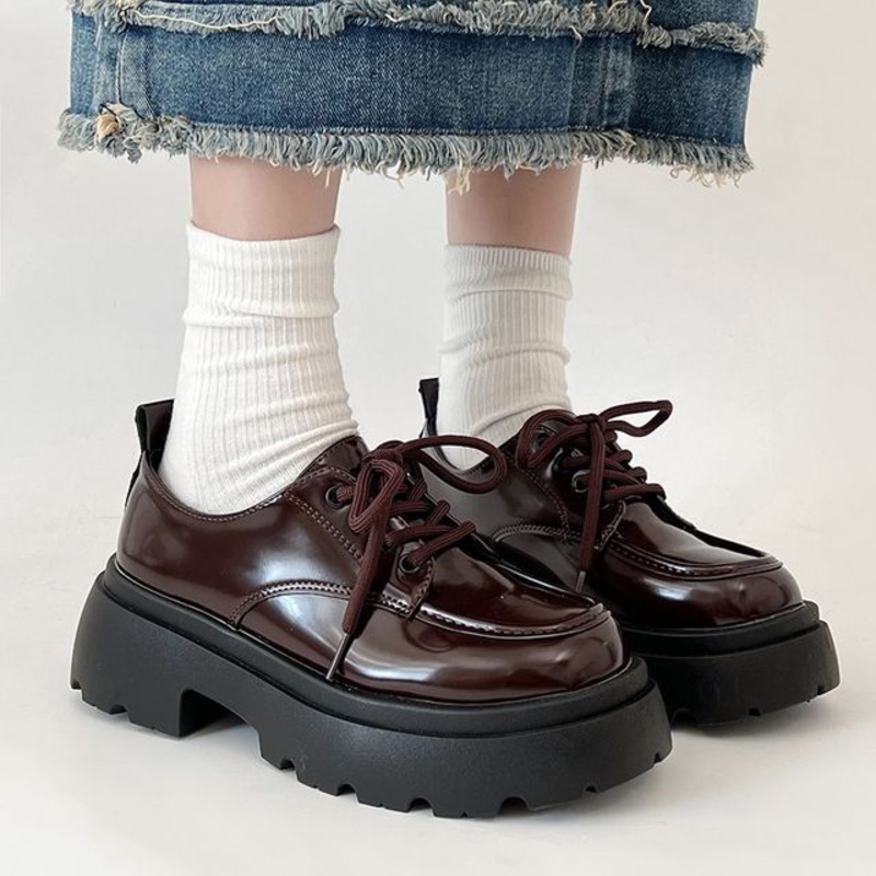 Patent Platform Lace-Up Shoes|Black|Brown|35|36|37|38|39