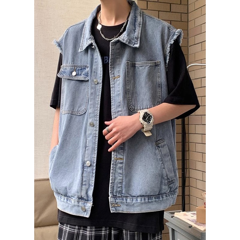 Pockets Loose Blue Pan Men Peter Denim Collar Waistcoat