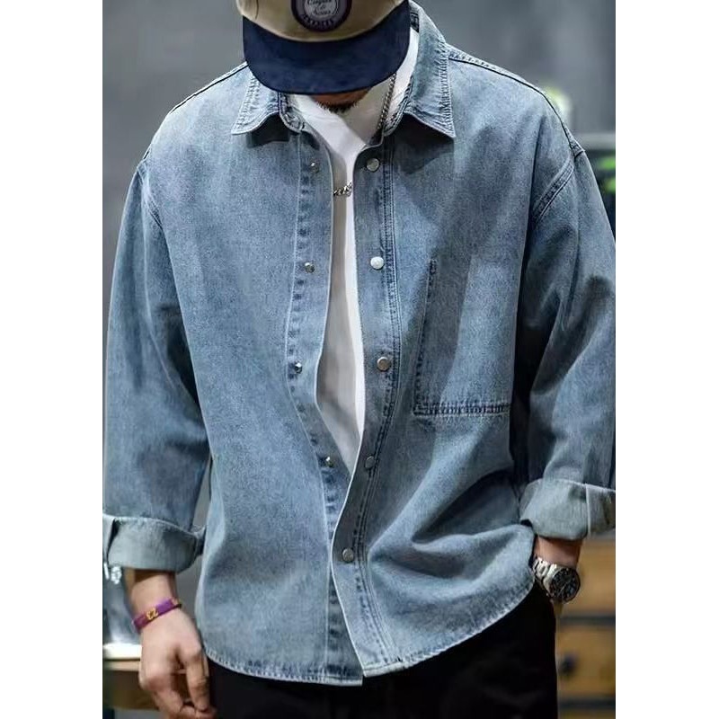 Spring Denim Collar Button Shirt Peter Men Blue New Pan