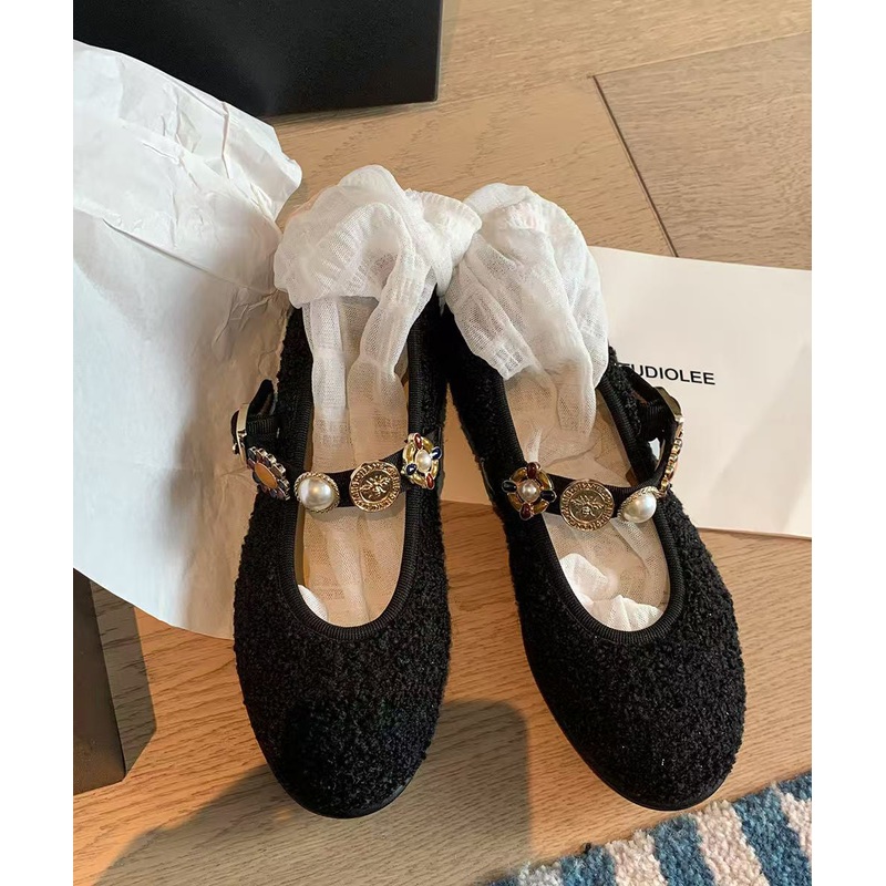 Strap Shoes Splicing Flat Black Woolen Women Buckle