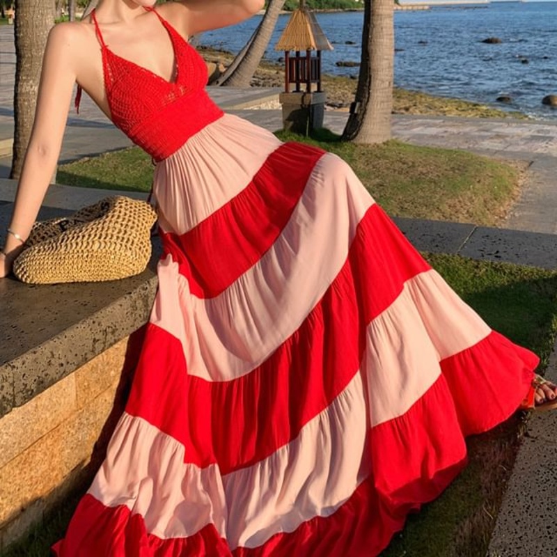 Striped Halter Maxi Sundress|Red & White|S|M|L