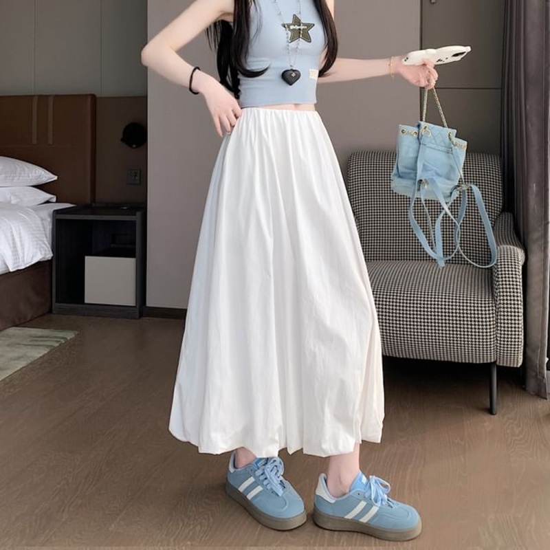Waist A-Line Plain Skirt Elastic Hem Bubble Midi