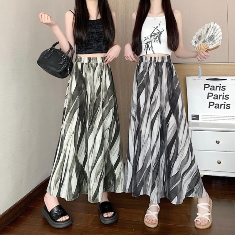 Waist A-Line Skirt Elastic Print Midi