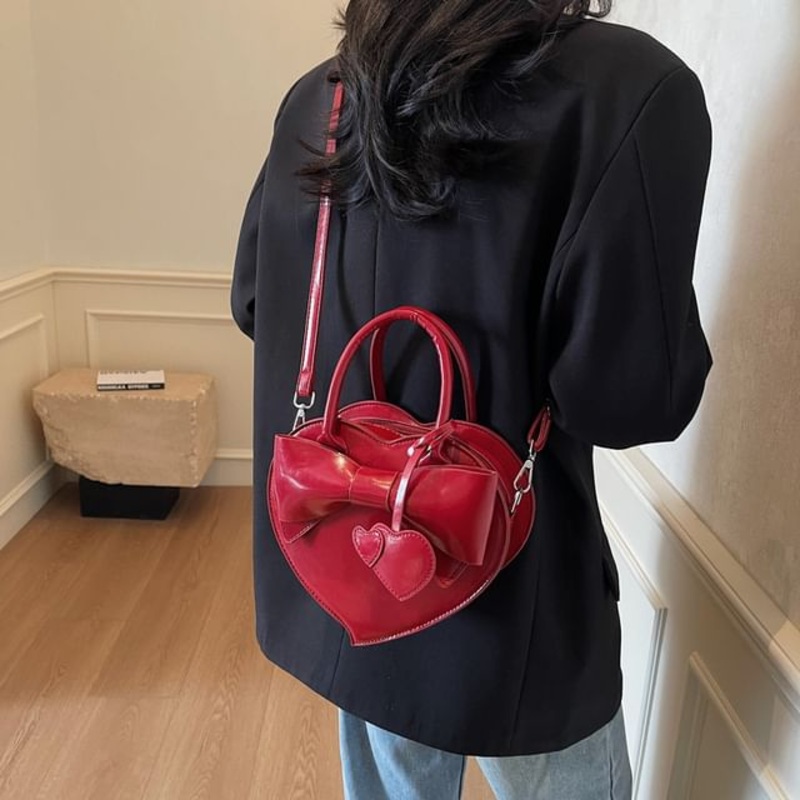 Bow Bag Faux Handle Top Heart Crossbody Leather