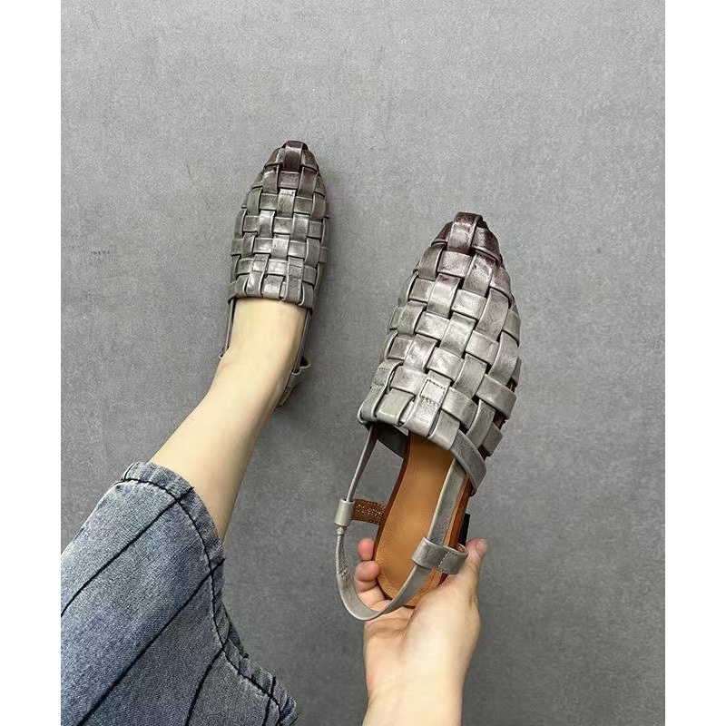 Chunky Grey Out Beautiful Cowhide Sandals Splicing Leather Hollow