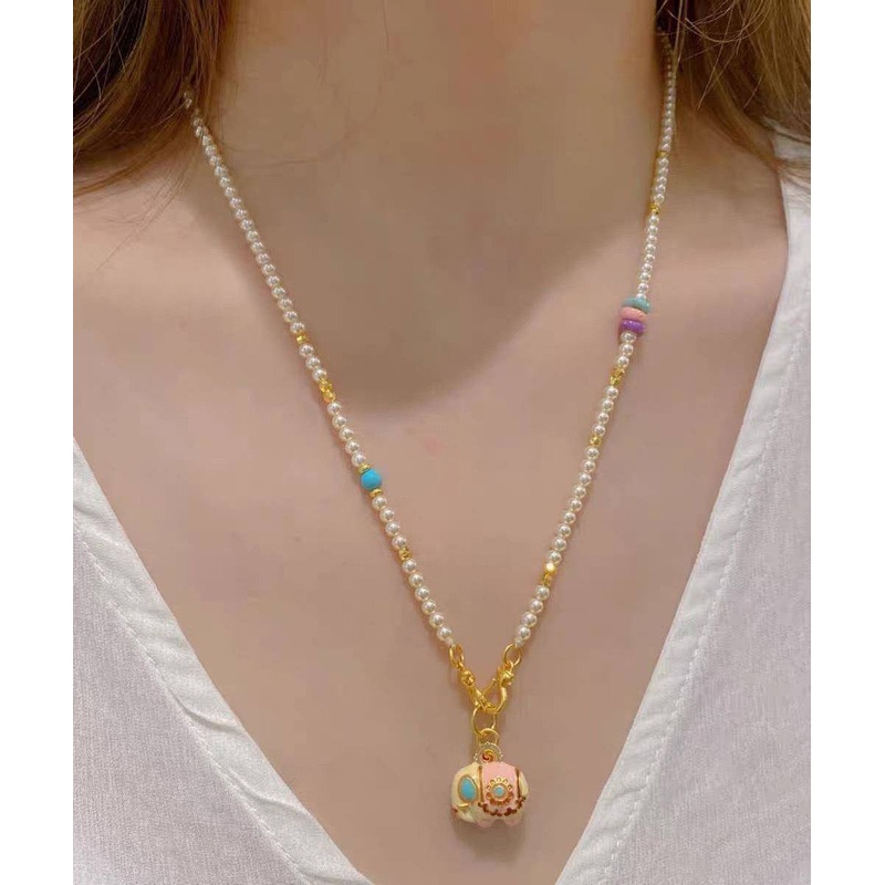 Little Pendant Elephant Necklace Beads Boutique Gold Pearl Alloy